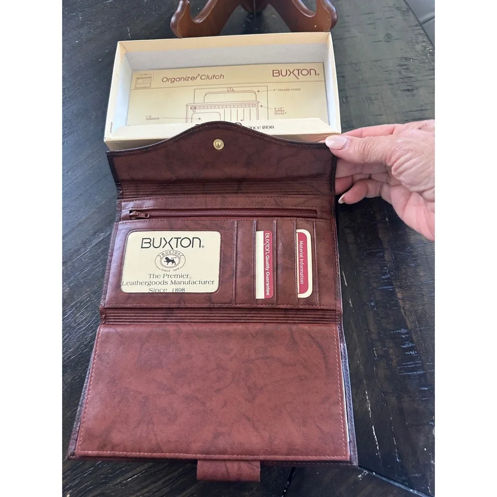 Vintage Buxton Brown Leather Organizer Clutch Wallet Checkbook Kiss Lock 25936-C